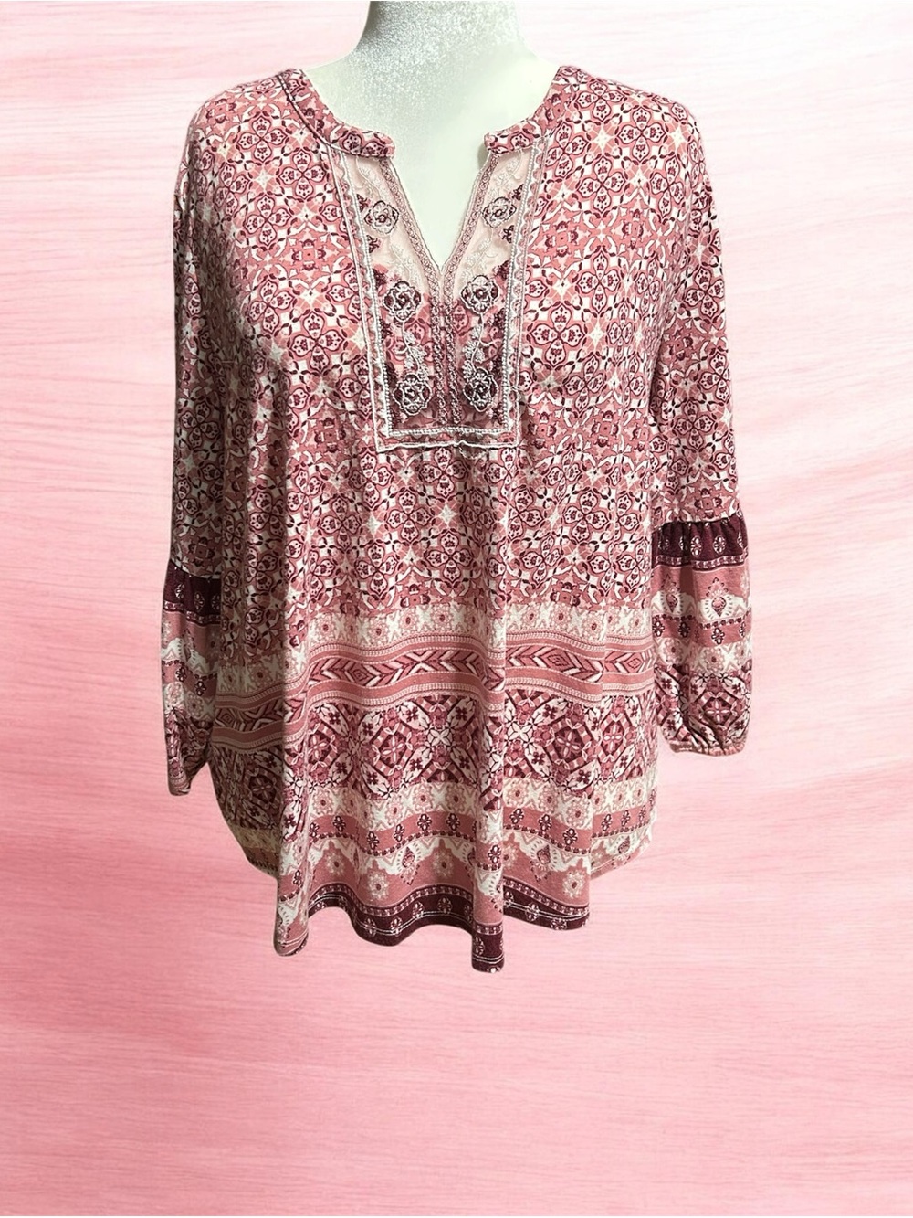 Absolutely Famous Pink Patterned Boho Tunic Top Size 3X